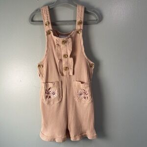 Nicole Miller Tan ribbed Romper with floral embroidered pockets and buttons, 3T